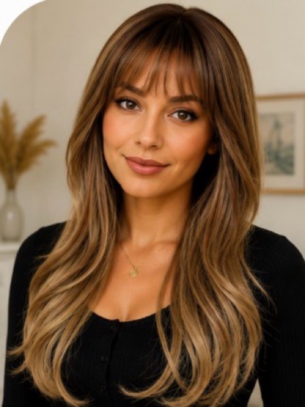 Covetime Brown Blonde Ombré Long Layered Synthetic Wig with Bangs